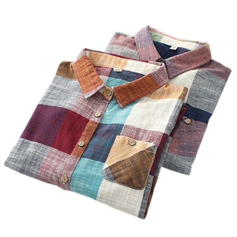 Весна Осень Винтаж Клетчатый Принт На Пуговицах Повседневные Рубашки Дамы Поло Элегантный Модный Топ Женщины Универсальный Пуловер Блузка