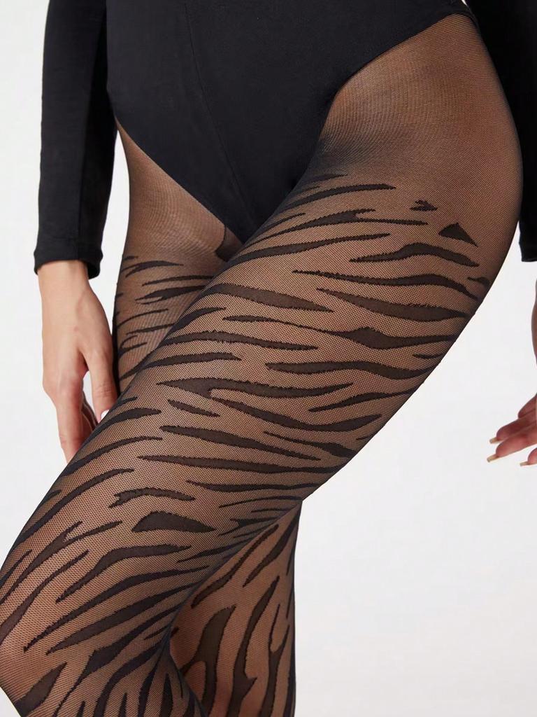 Plus Size Zebra Print Transparent Black Tights High Waist Silky Retro Elegant Daily Pantyhose