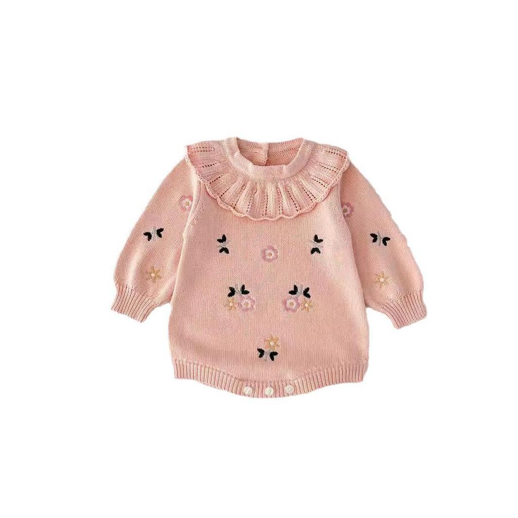 Вязаный шерстяной комбинезон для девочки с вышивкой и отложным воротником - Весенне-осенний стиль