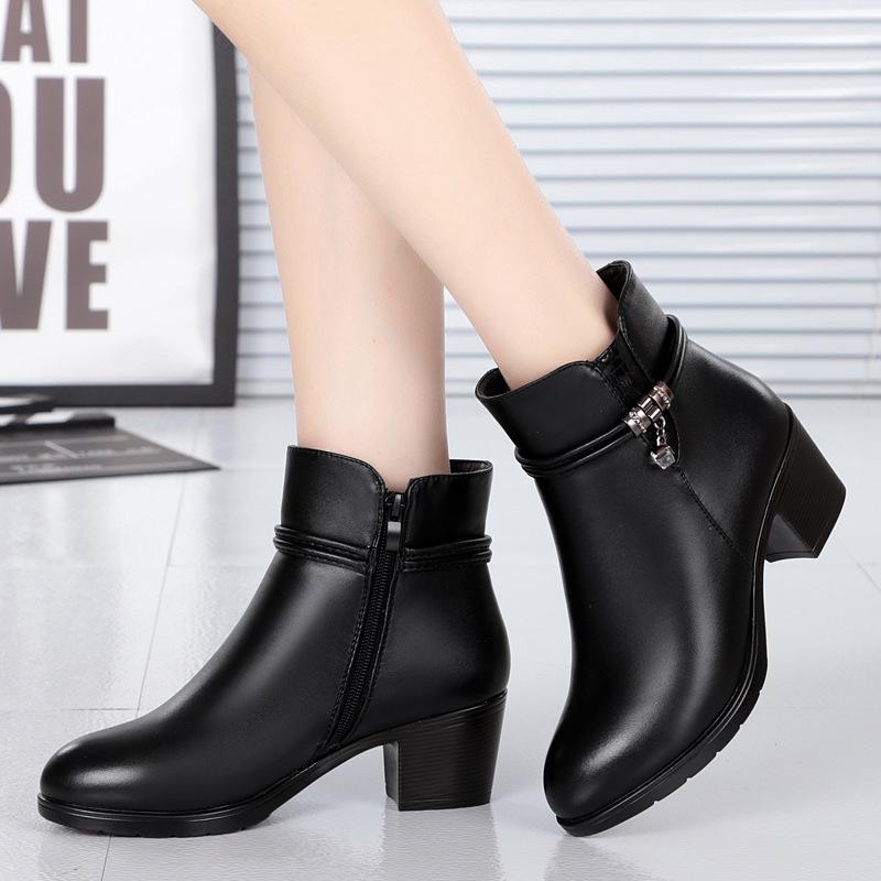 Women Genuine Leather Ankle Boots Women Wool Non-slip Snow Boots Woman Thick-heeled Boots Ladies High Heels Shoes Big Size35-43