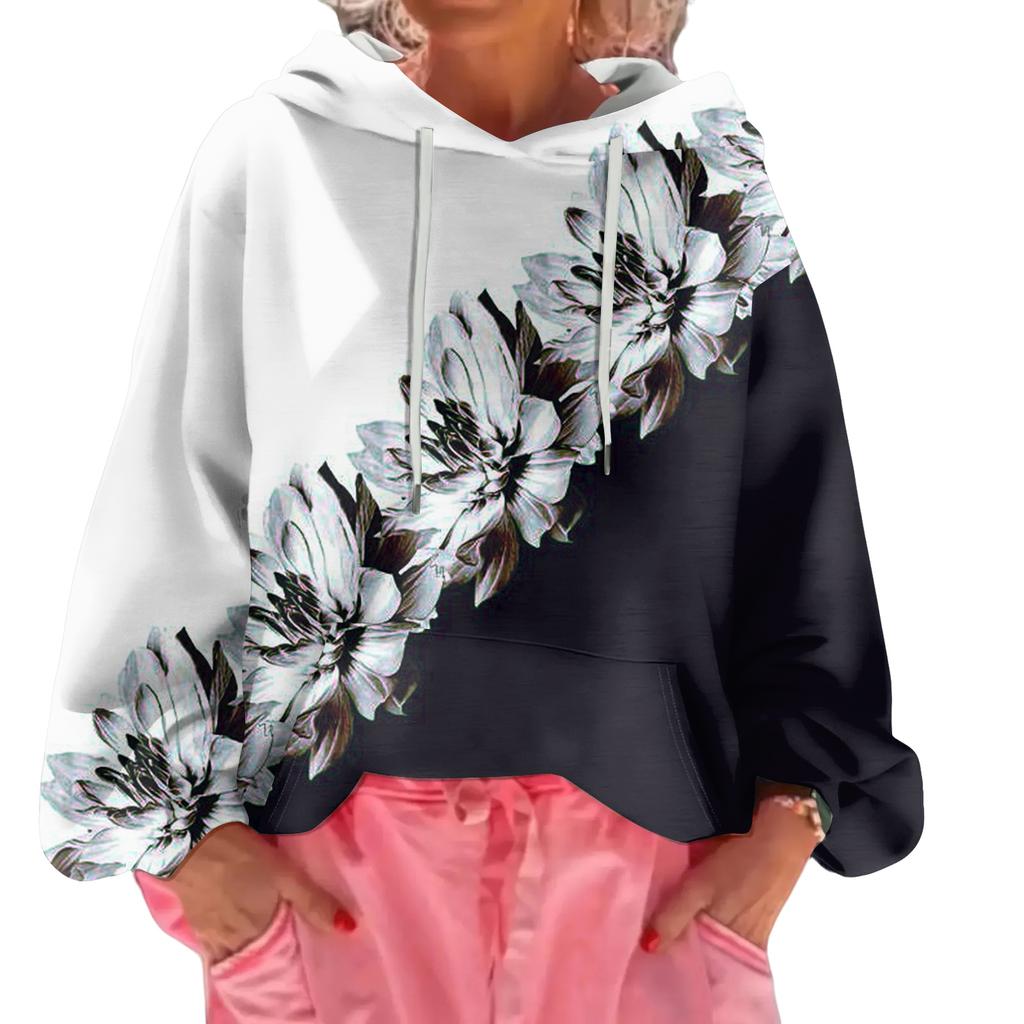 Women's Floral Print Loose Casual Long Sleeved Hooded Sweatshirt