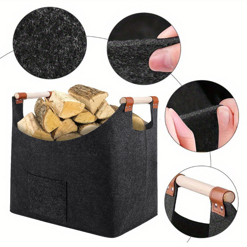 Felt Basket Firewood Box with Wooden Handles Foldable Firewood Basket Storage Basket for Firewood Wood Newspapers Clothes