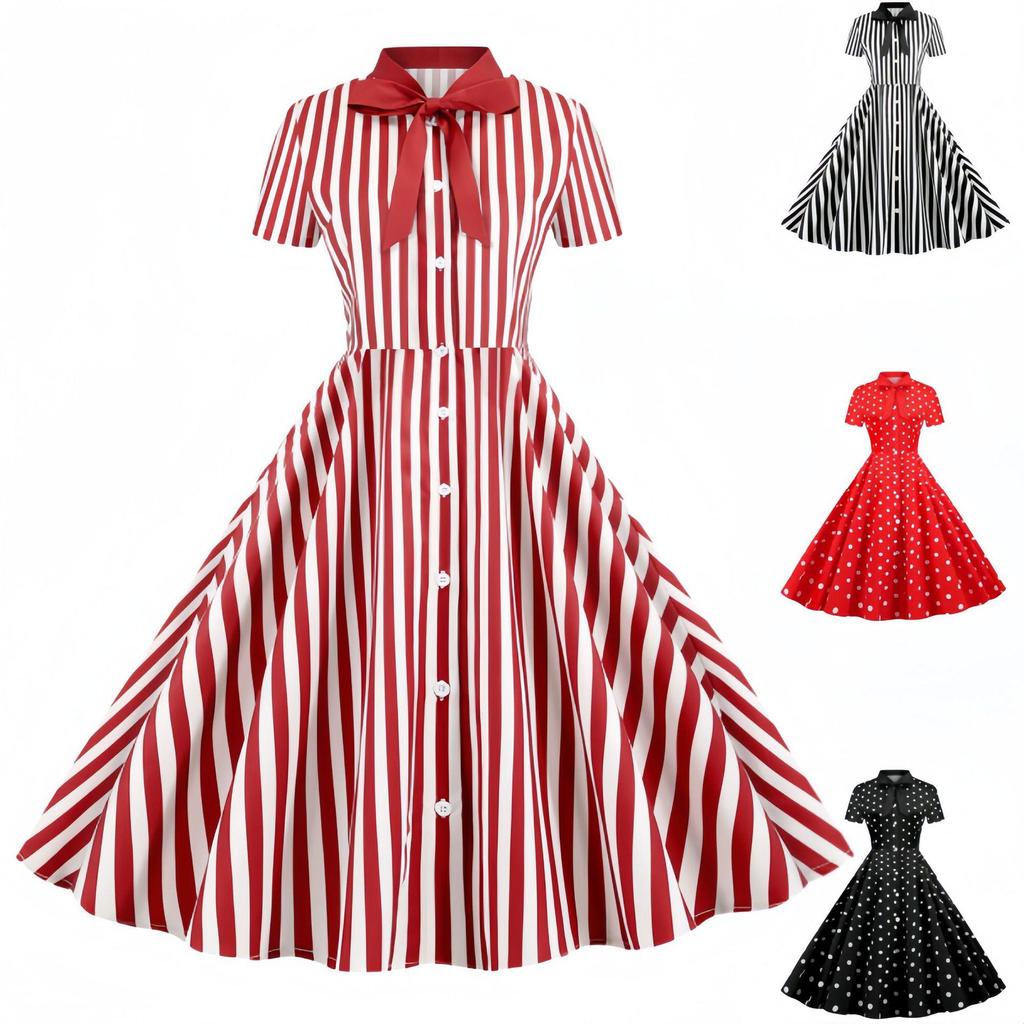 European-American Striped Patchwork Bow Party Swing Dress for Women