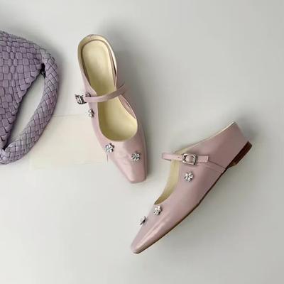 Универсальные однословные полушлепанцы с пряжкой женские со стразами квадратный носок внутренняя высота увеличение мелкий вырез сумка головка сандалии