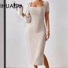 Летняя женская мода квадратный вырез сексуальный тонкий разрез пакет бедра платье женщины