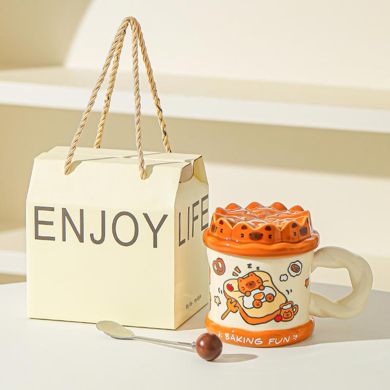 Нарисованная от руки кружка с милым котом «Торт на день рождения», офисная кружка для воды для высокой девушки с крышкой, домашняя парная керамическая кружка