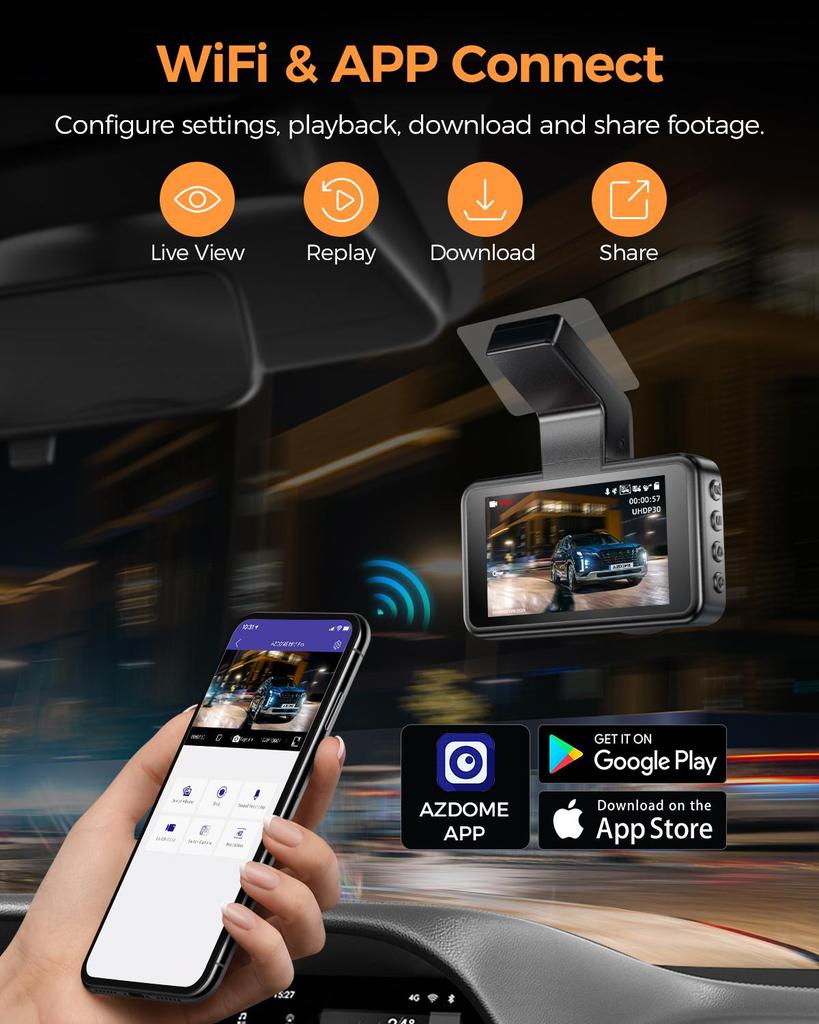 AZDOME WiFi Dash Cam M17 Pro с 2 камерами, 2K+1080P спереди и сзади, 3-дюймовым IPS-экраном, ADAS, бесплатной картой памяти на 64 ГБ