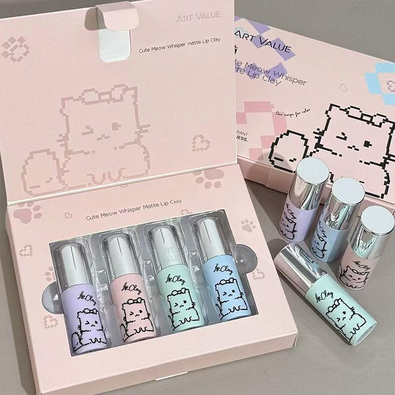 Набор из 4 шт. Помад-муссов Kawaii Кот Бархатные Нюдовые Помады Матовая Текстура Шелковистые Стойкие Блески для Губ Макияж Идеальные Подарки