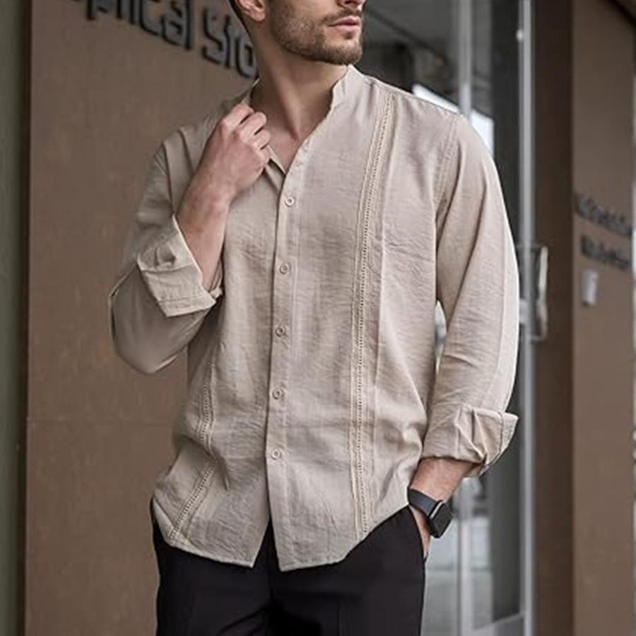 Cotton Linen Shirt Stand Up Collar Men's Shirt Casual Buttons Summer Beach Vacation Tops Grey Black White Khaki Shirts