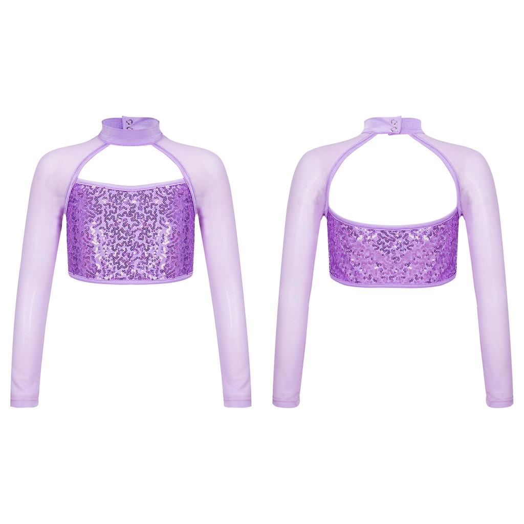 Костюм для танцевальной гимнастики, детский укороченный топ с длинными рукавами и блестящими пайетками для девочек, с открытой спиной
