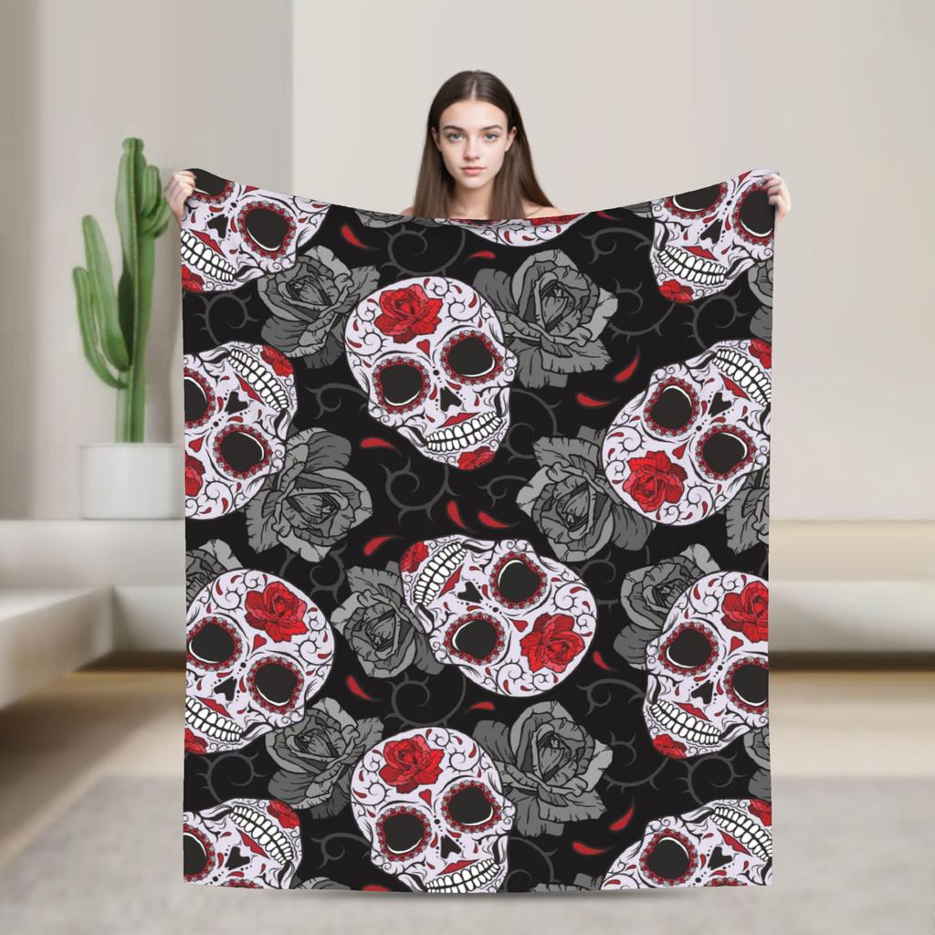 Sugar Skull Day of the Dead Blankets Gothic Mexican Skeleton Halloween Flannel Funny Warm Throw Blankets for Home Spring/Autumn