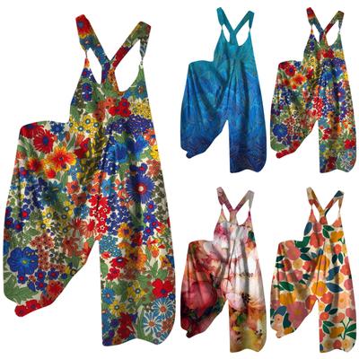 Широкие комбинезоны для женщин, повседневные свободные комбинезоны без рукавов, ретро-принт, металлические пуговицы, длинные брюки, комбинезон с карманами