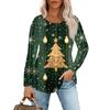 Women's Casual Top Christmas Printed Round Neck Long Sleeved Pleated T-shirt