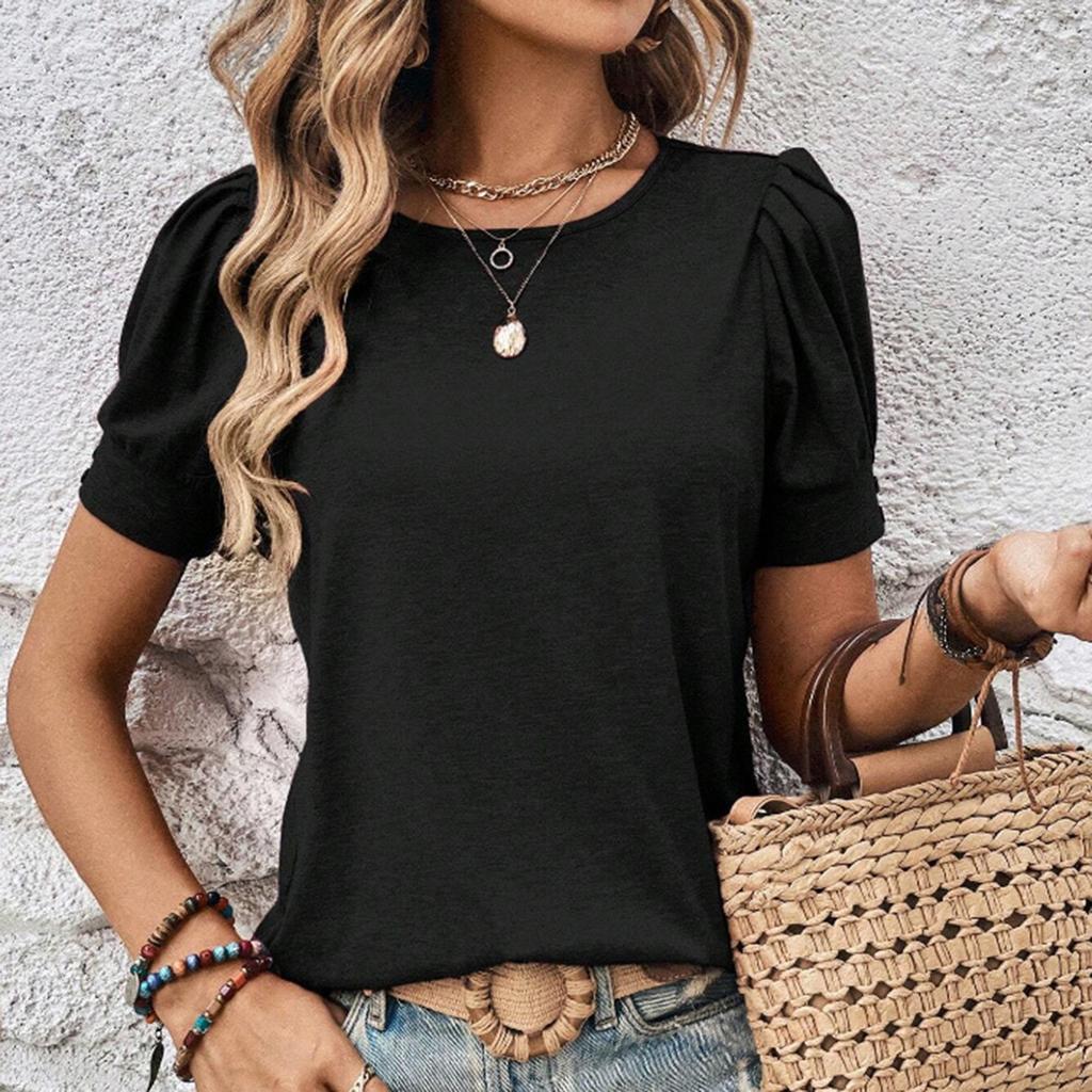 Женская модная повседневная плиссированная футболка с коротким рукавом и круглым вырезом
