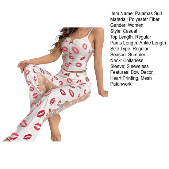 2 шт./комплект женский жилет брюки костюм бант сердечко принт без рукавов сборка кант топ сетчатые лоскутные брюки домашняя одежда одежда для сна наряд летняя одежда для отдыха