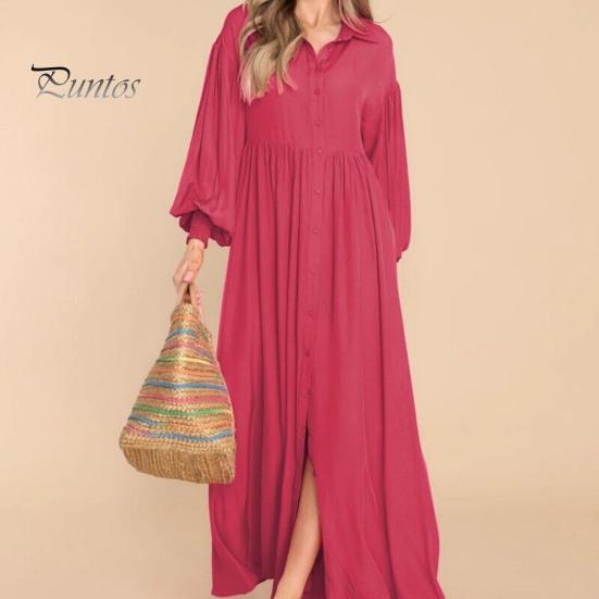 Осень-весна женское платье трапециевидной формы с отложным воротником, большие качели, плиссированные длинные рукава, однотонное однобортное свободное лоскутное платье макси