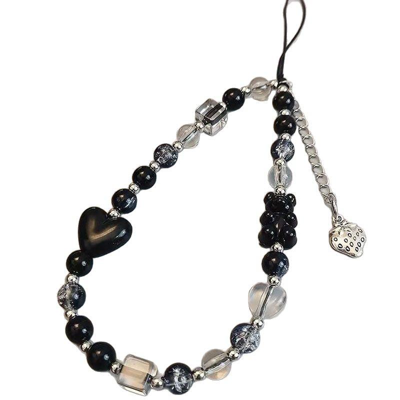 Ins Summer Small Fresh Cool Black Bear Strawberry love Chain Mobile Phone Shell Chain Female Portable Wrist Strap Rope.