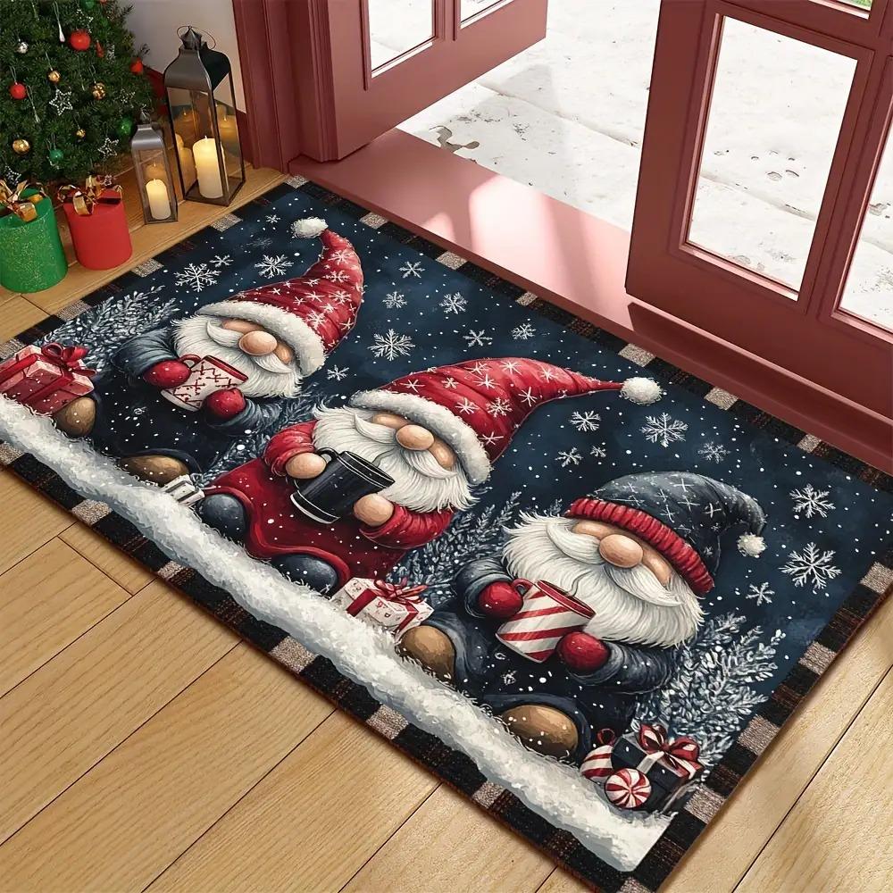 Winter Holiday Door Mat Xmas Gnome Mug Gift Snowflake Snow?trim Print For Front Entrance Indoor Home Decoration Floor Carpet
