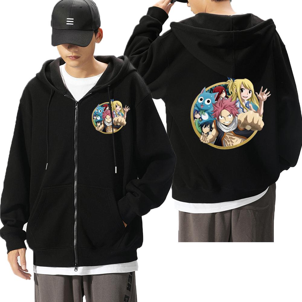 Hot Anime Fairy Tail Happy Cat Cute Graphic Hooded Men Women Zip Up Hoodies Casual Loose Sweatshirt Harajuku Men's Zipper Jacket