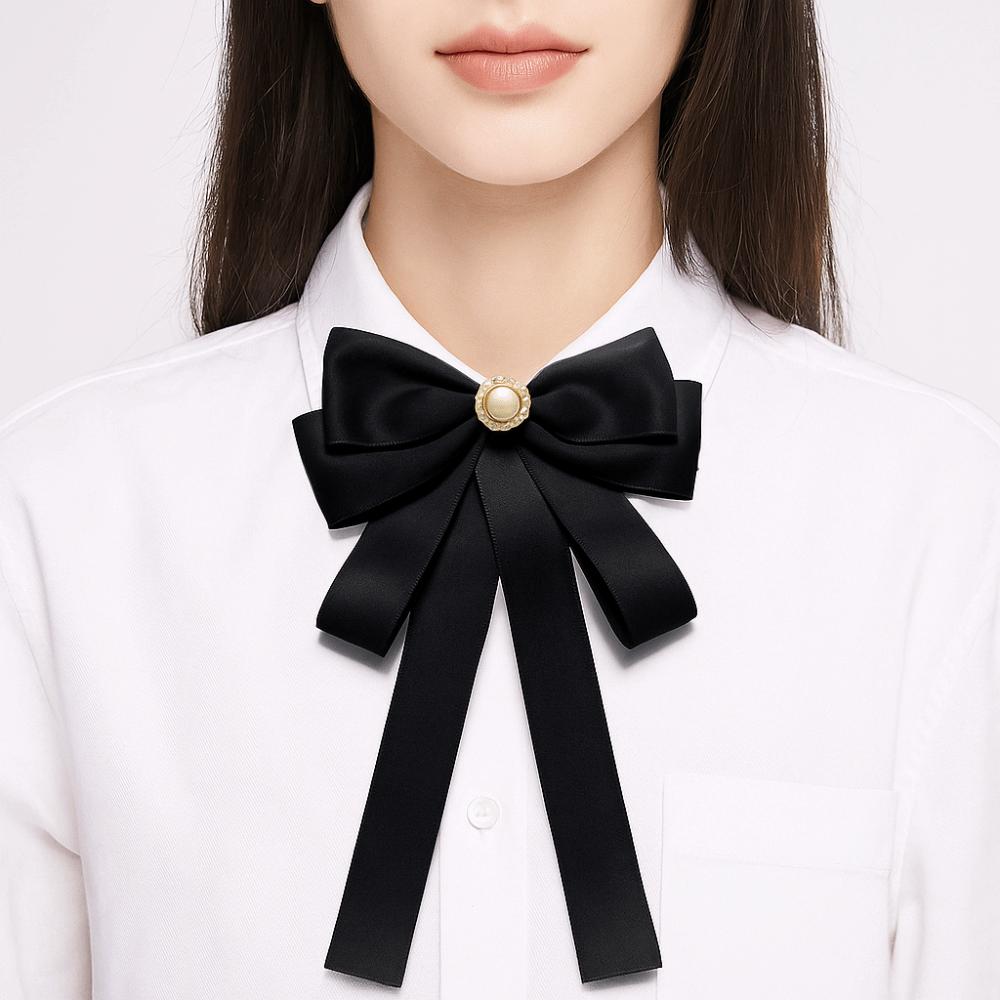 Pearl Black Ribbon Pin Beads Ribbon Badge Brooch Sweet Black Bow Necktie  Parties
