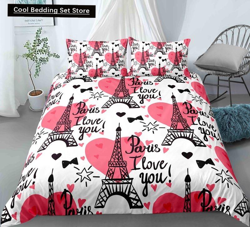 Пододеяльник с изображением парижской башни King Queen Знаменитые здания во Франции Комплект постельного белья для взрослых Розовый Романтический 2/3 шт. Полиэстеровый пододеяльник