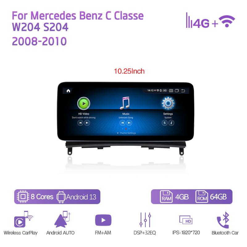 10.25/12.3" Android13 Для Mercedes Benz C Classe W204 S204 2008-2010 Автомобильный мультимедийный плеер GPS-навигация CarPlay 4G 360Camera