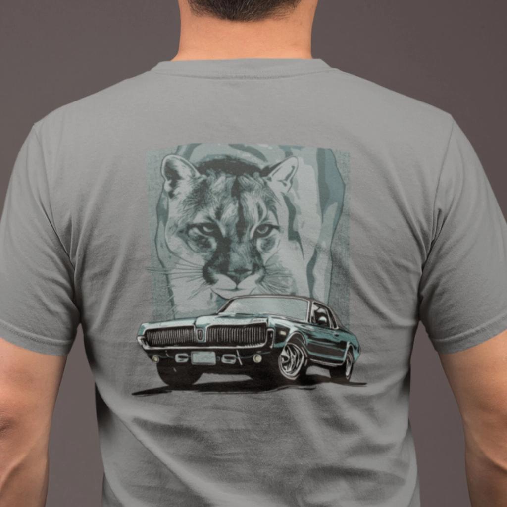 68 Cougar Unisex T-shirt. Design on back., Mercury Cougar blue/green theme.