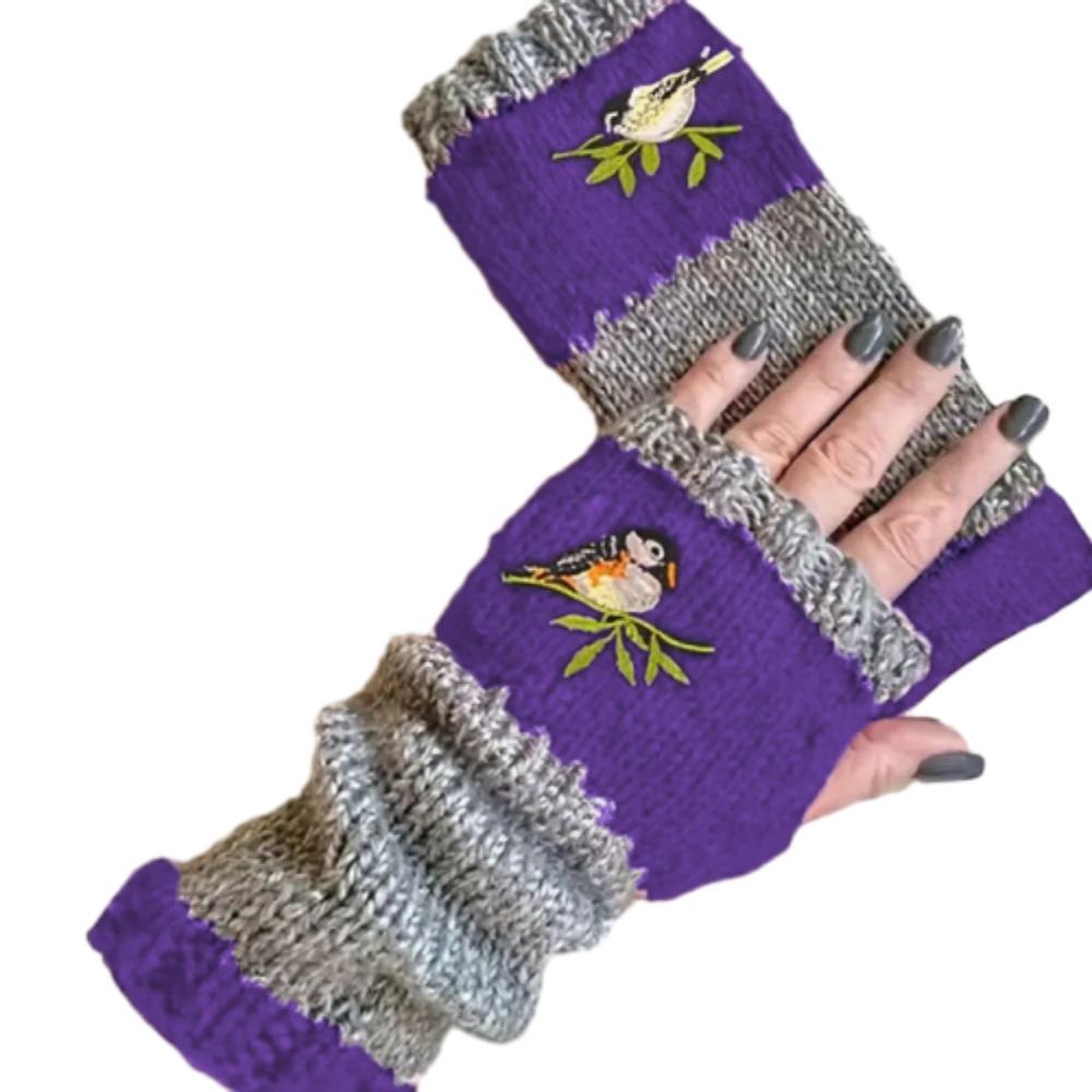 Embroidered Bird Half Finger Gloves Soft Y2k Winter Mittens Cool Knitted Fingerless Gloves Lady