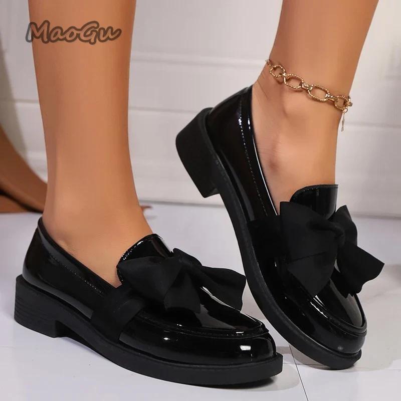Модные Модные Лоферы С Бантом Слипоны для Женщин 2025 Лето Однотонные Туфли из Лакированной Кожи Женские Удобные Мягкая Подошва Лоферы на Платформе