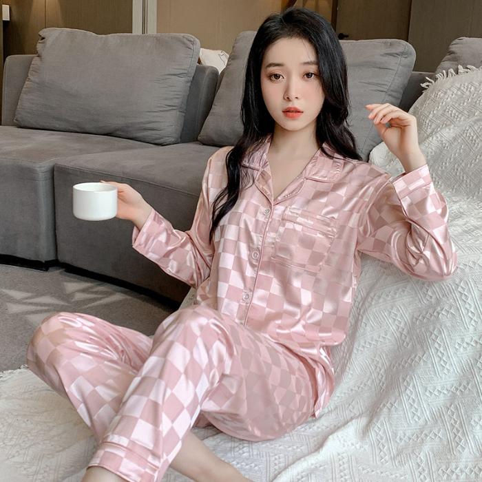 Весна-Осень однотонная клетчатая женская пижама из тонкого искусственного шелка и атласа, пижамный комплект с длинным рукавом, большой размер, женская домашняя одежда