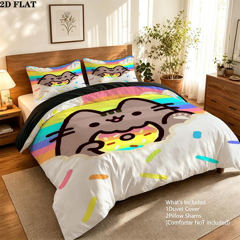 Pusheen Cat Pattern Bedding uilt Set uilt Cover Pillowcase Home Decoration Birthday Gift (1 * duvet cover + 2 * pillowcase without core)