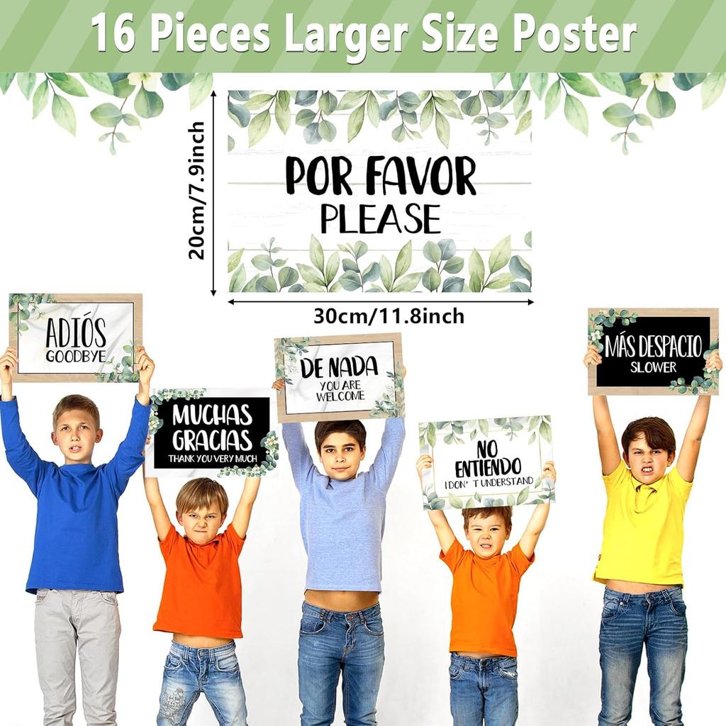 gisgfim 16 Pcs Spanish Words and Phrases Poster Set Spanish Phrases Bulletin Board Study Spanish Classroom Decoration for Teachers Preschool School