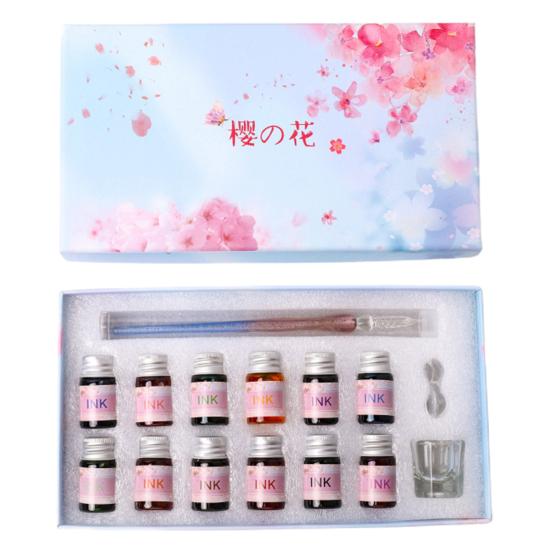 1 комплект, полупрозрачная ручка с цветком вишни, декор с блестками и принтом, стеклянная ручка с чернилами, набор для подарка