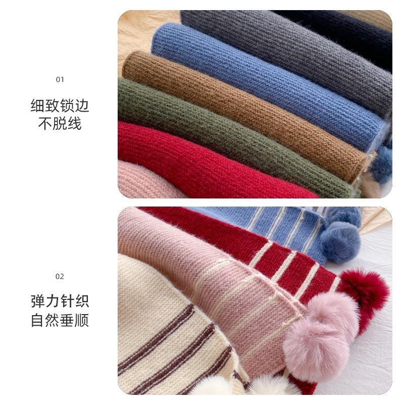 Striped Knitted Wool Scarf Women's Winter Red Hairball Scarf Warm Cute Girl Birthday Gift