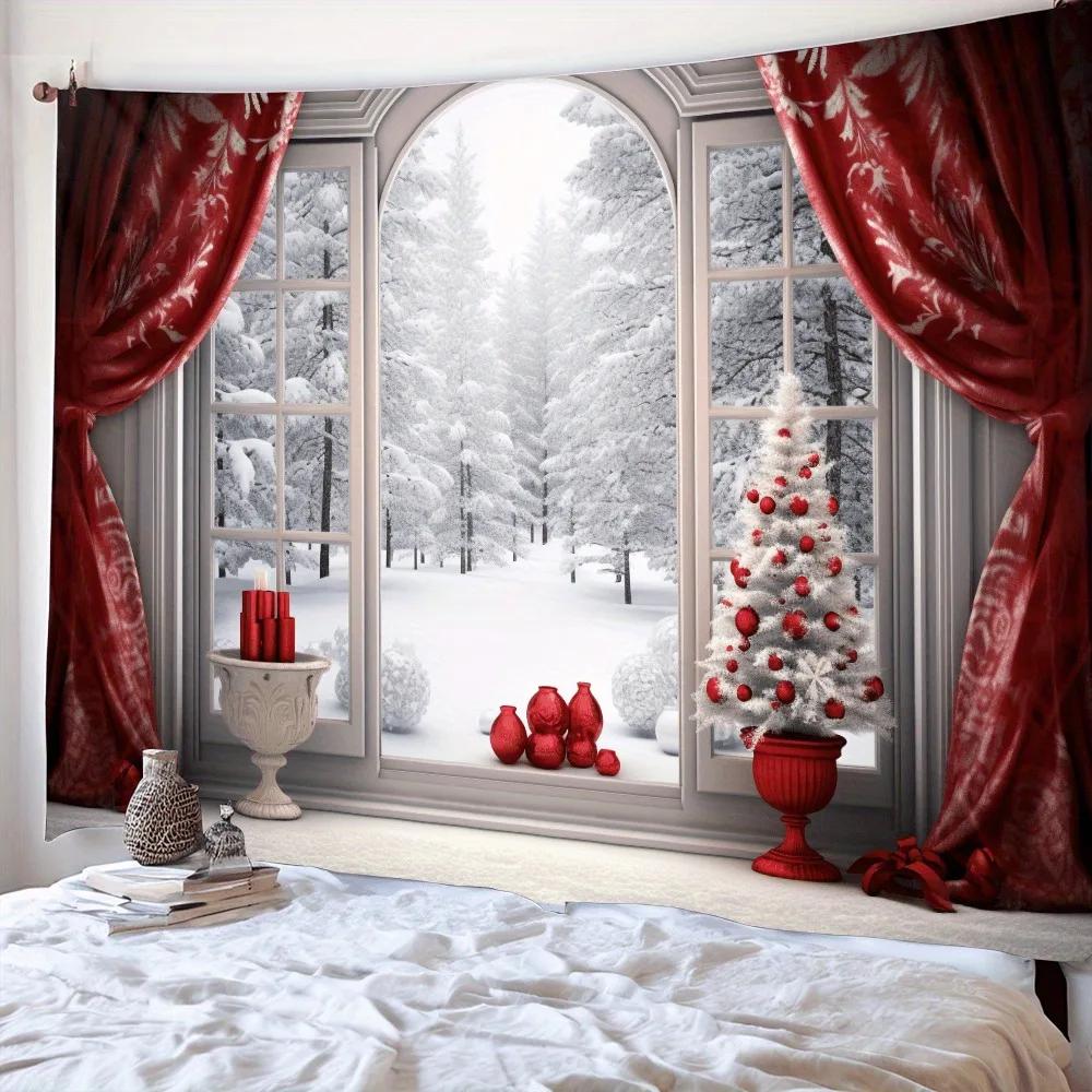 Christmas Day Party Decoration Background Cloth Outside the Window Christmas Tree Snow Scene Tapestry Suitable for Home Outdoor