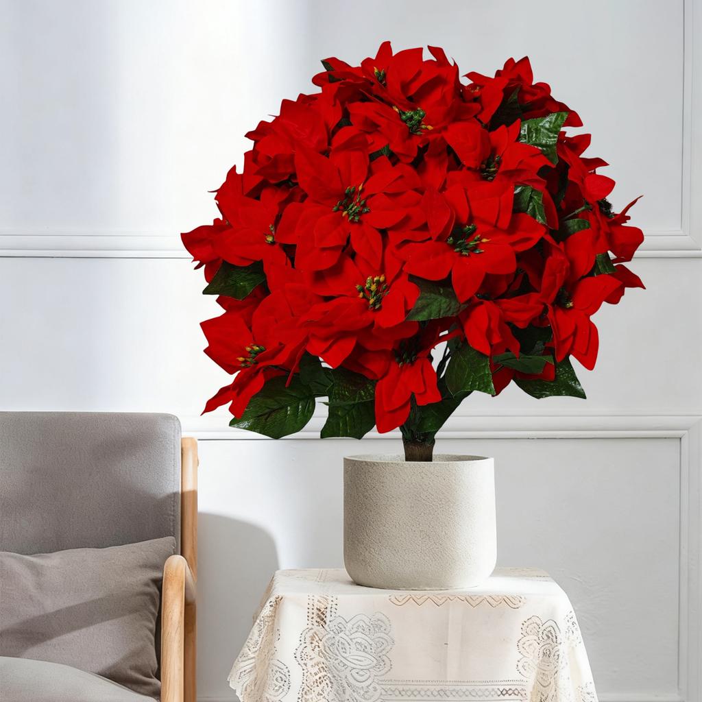 15in  Artificial Poinsettia Bouquet, Red Poinsettia Shrub, Silk Poinsettia Bouquet, Suitable For Indoor And Outdoor Home Porch Garden Decoration.