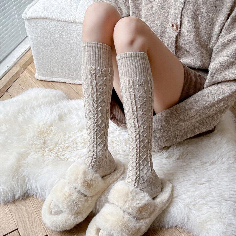 Women Girls Knee High Long Socks Thick Winter Warm Cotton Cable Knit Stockings