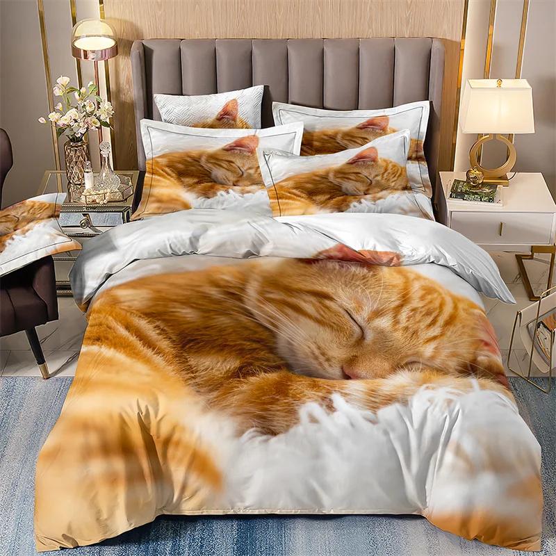 Cute Kitten Bed Cover Full Set For Girls, Single Bedding Set, Microfiber Quilt Cover With Pillowcases, Cute Little Kitten, 135x2