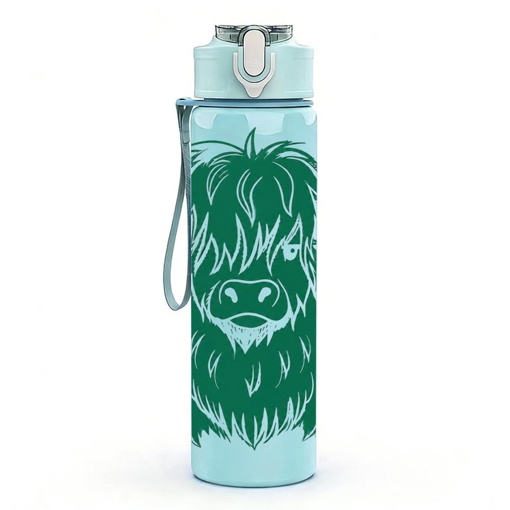1PC Green Highland Cow Head Pattern 750ml Color Plastic Sports Water Bottle Leakproof Flip Straw Lid Suitable for Sports Office Home Use