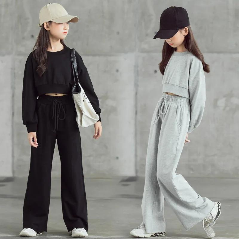 Spring Autumn Teenager Girls Clothes Suit Casual Long Sleeve Sweatshirt and Wide Leg Pants Kids Tracksuit