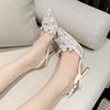 Pearls Decorative Lace Mesh High Heels Women Sexy Pointed Toe Thin Heeled Sandals Fashion Slingbacks Party Dress Shoes for Women
