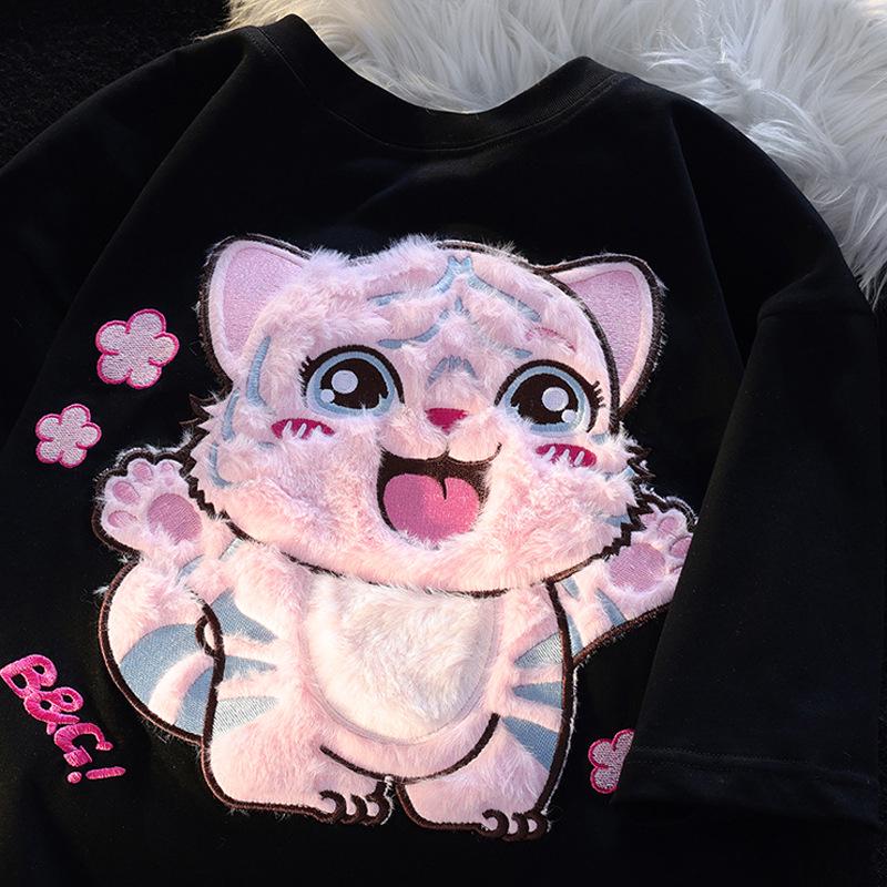 Guochao Оверсайз Футболка с флокированным милым тигром – Унисекс, с коротким рукавом, нишевый дизайн, парные наряды