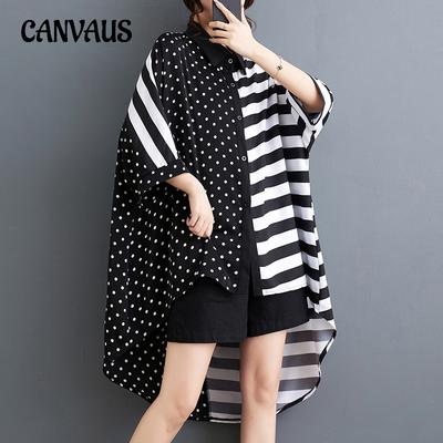 Летняя женская рубашка литературного размера плюс, свободная тонкая полосатая рубашка средней длины