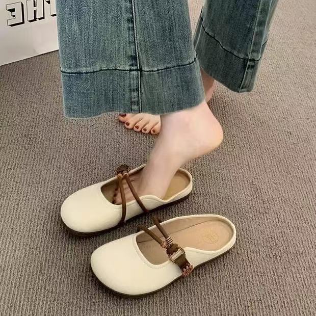 Baotou Half Slippers Women's Summer Wear 2025 New Super Fire Flat Bottom One Pedal Lazy Half Tray French Cool Slippers