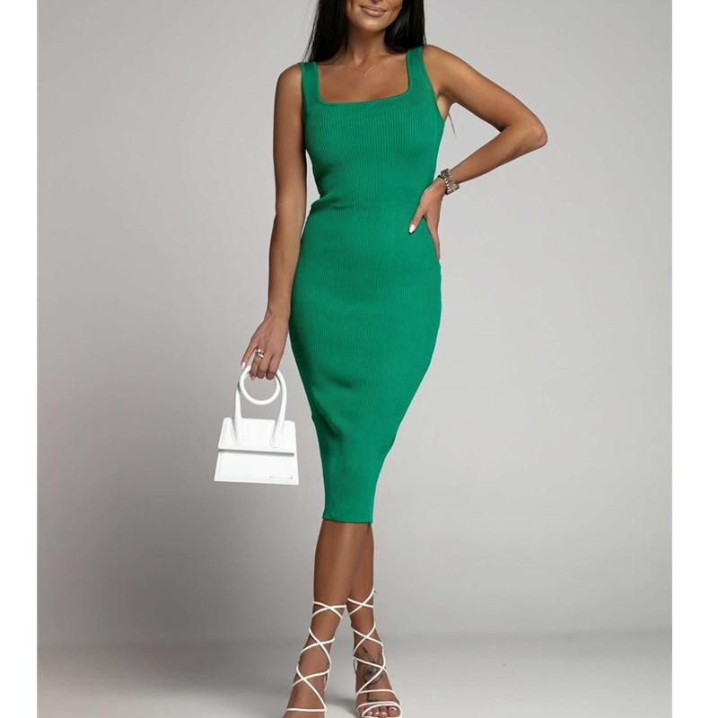 Летнее модное вязаное в рубчик простое черно-белое облегающее клубное платье без рукавов, базовое платье миди для женщин, повседневные элегантные сексуальные женские платья