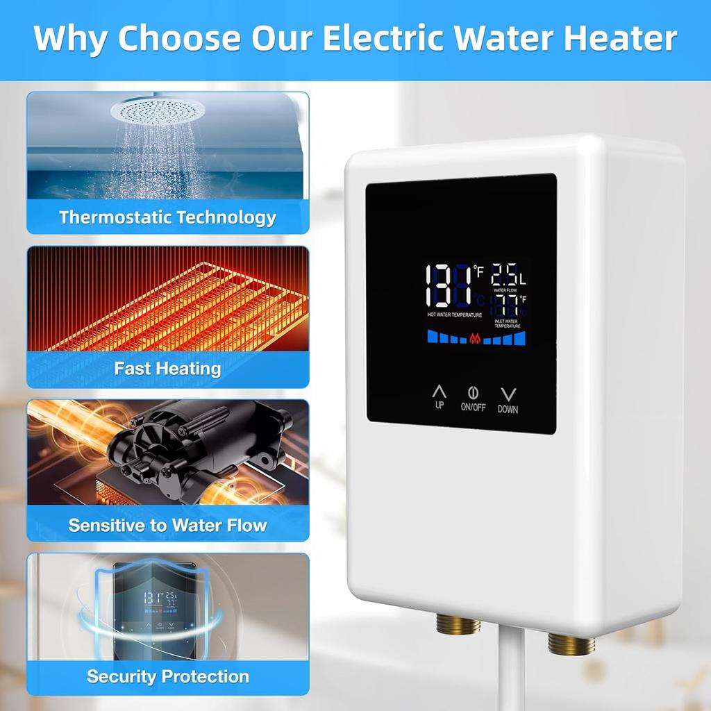 Проточный водонагреватель электрический 110В, 5500Вт мгновенный нагрев воды с пультом дистанционного управления и ЖК-сенсорным экраном, саморегулирующийся, защита от перегрева