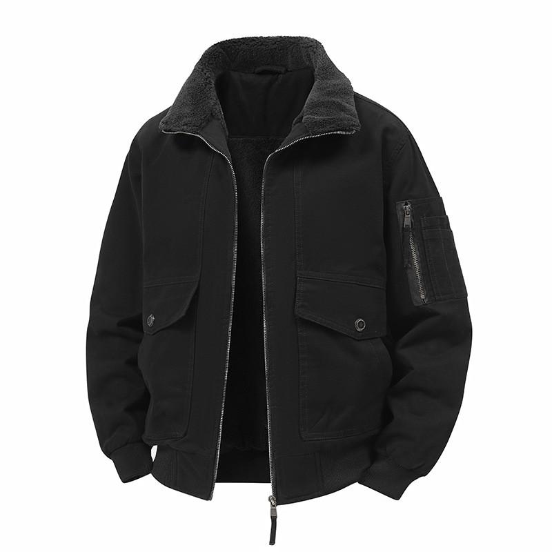 Mens Cotton Fleece-Lined Work Jacket With Collar Multi-Pocket Warm Windproof Outerwear Fall Winter