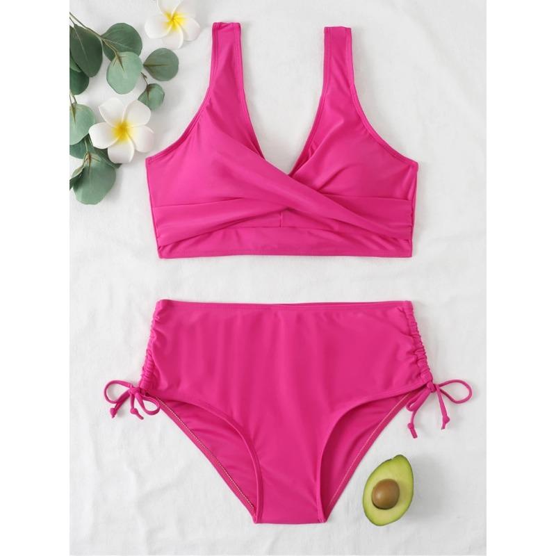 Drawstring High Waist Bikini 2025 Women Solid Swimwear Female Cross Front Swimsuit Padded Beachwear Bather Bathing Swimming Suit