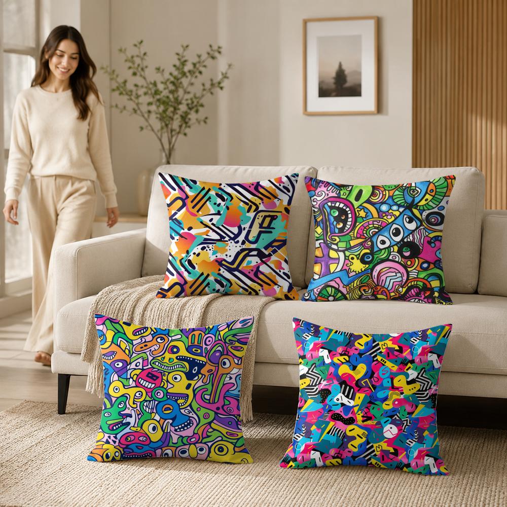 Colorful Graffiti Pattern Cushion Cover Silky Short Plush Invisible Zipper Dustproof Sofa Pillow Case For Home Decor