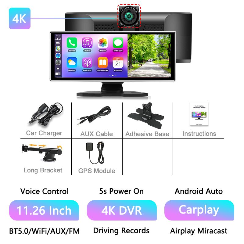Jansite 11.26" Large Screen Dash Cam 4K Wireless Carplay Android Auto 5G WIFI GPS Navigation Car DVR Rearview Camera BT FM AUX